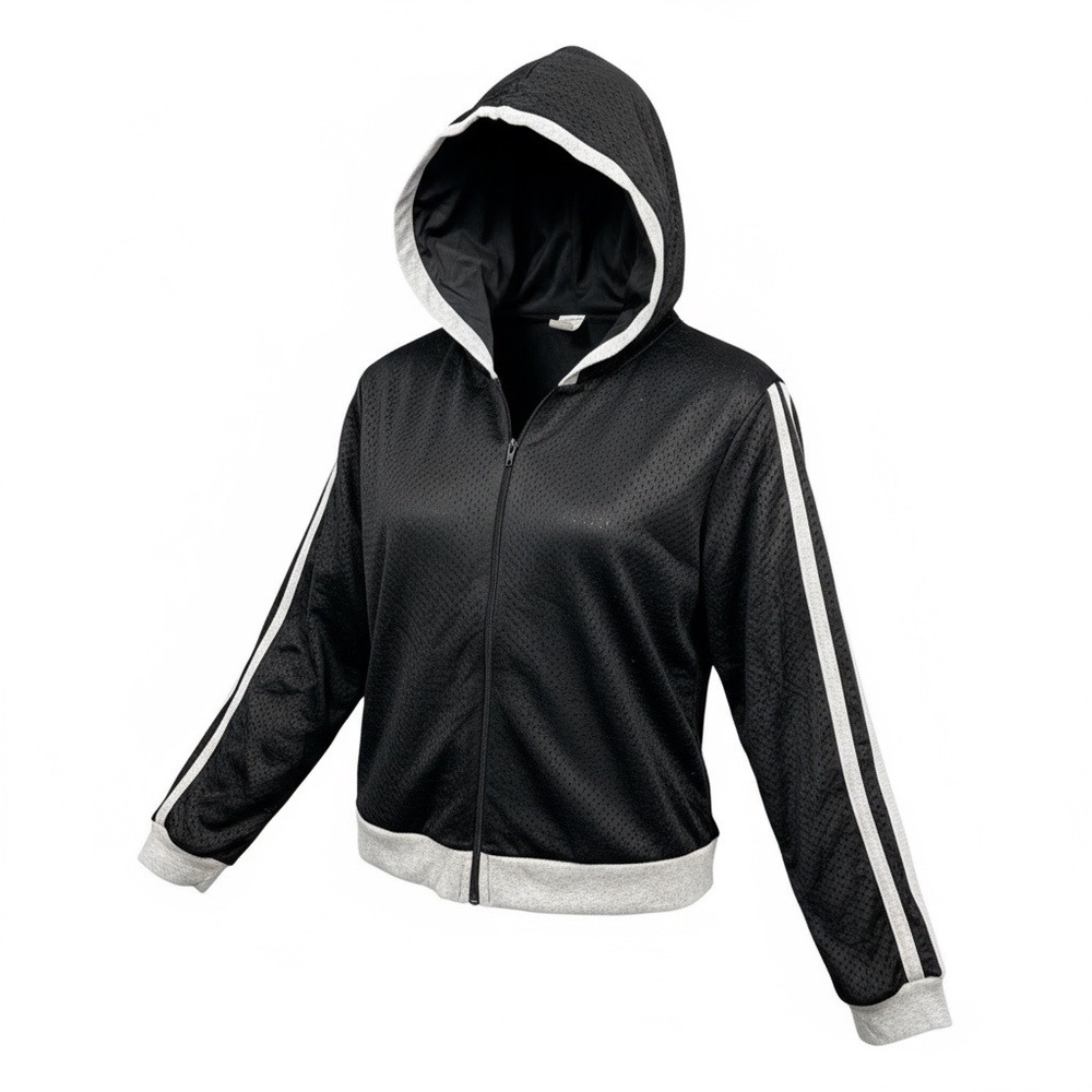 Vintage Y2K Large Black Mesh Zip Up Hoodie Jacket Athletic Track Style